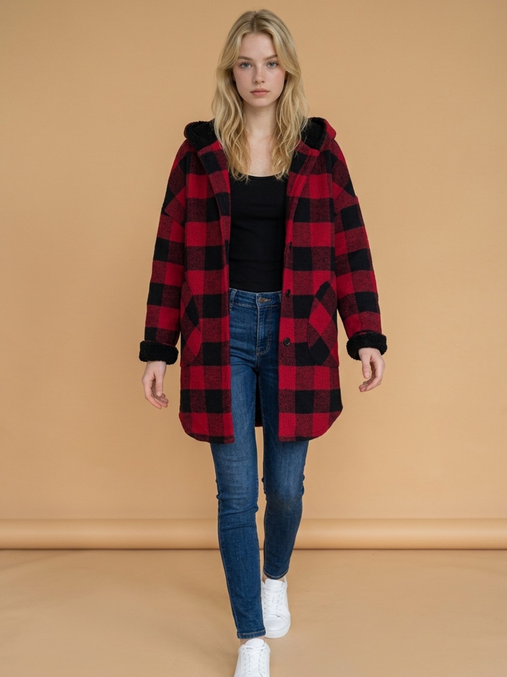 Echo Red & Black Plaid Hooded Sherpa Jacket